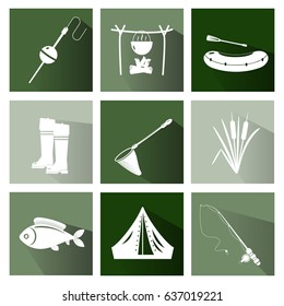 Fishing icons with long shadows. Concept for fishing market, club.