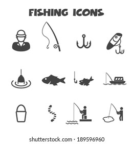 fishing icons, mono vector symbols