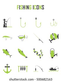 fishing icons, mono vector symbols