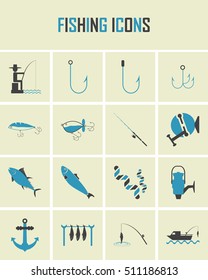 fishing icons, mono vector symbols