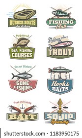 Fishing icons, professional fish catch or fisherman club and store. Vector design of crossed fisher rod, tackles and baits with hooks for flounder, shrimp or tuna