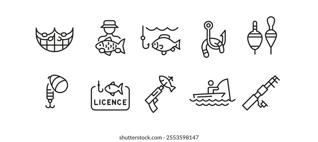 Fishing Icons. Set of 10 fishing trendy minimal icons. Fisherman, fishing rod, fishing reel, fish and tackle box icon. Design signs for web page, mobile app, packaging design. Vector illustration.