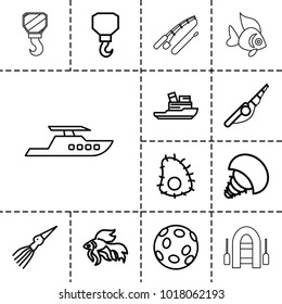 Fishing icons. set of 13 editable outline fishing icons such as fish, hook, fishing rod, boat, extinct sea creature