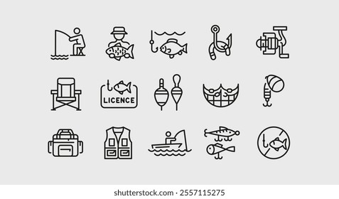 Fishing Icons. Set of 15 fishing trendy minimal icons. Fisherman, fishing rod, fishing reel, fish and tackle box icon. Design signs for web page, mobile app, packaging design. Vector illustration.