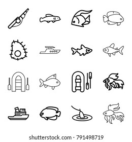 Fishing icons. set of 16 editable outline fishing icons such as fish, inflatable boat, boat, extinct sea creature