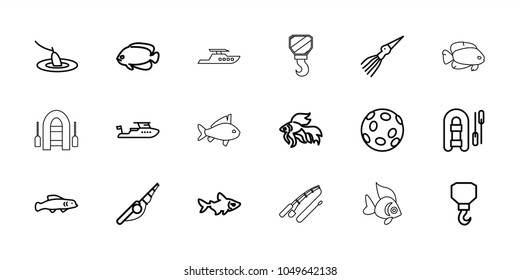 Fishing icons. set of 18 editable outline fishing icons: fish, boat, hook, inflatable boat, extinct sea creature