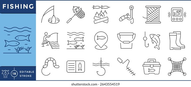 Fishing icons set. 18 line icons. Vector editable stroke. Fish, fishing, pond, net, bucket, boot, ice fishing.