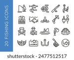 Fishing Icons. Set of 20 fishing trendy minimal icons. Fisherman, fishing rod, fishing reel, fish and tackle box icon. Design signs for web page, mobile app, packaging design. Vector illustration.