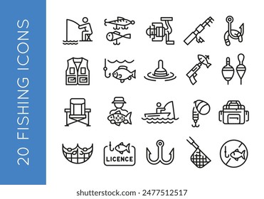 Fishing Icons. Set of 20 fishing trendy minimal icons. Fisherman, fishing rod, fishing reel, fish and tackle box icon. Design signs for web page, mobile app, packaging design. Vector illustration.