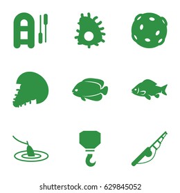 Fishing icons set. set of 9 fishing filled icons such as fish, hook, extinct sea creature