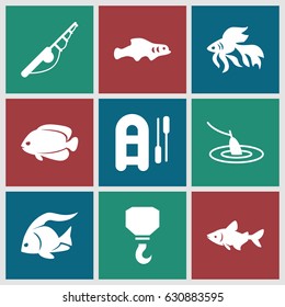 Fishing icons set. set of 9 fishing filled icons such as fish, hook, extinct fish