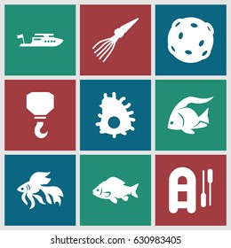 Fishing icons set. set of 9 fishing filled icons such as fish, boat, hook, extinct sea creature