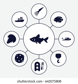 Fishing icons set. set of 9 fishing filled icons such as fish, boat, hook, extinct sea creature