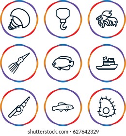 Fishing icons set. set of 9 fishing outline icons such as fish, hook, boat, extinct sea creature, extinct fish