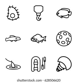 Fishing icons set. set of 9 fishing outline icons such as fish, hook, fishing, extinct sea creature, extinct fish