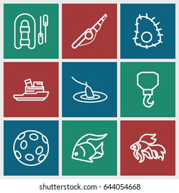 Fishing icons set. set of 9 fishing outline icons such as fish, hook, boat, extinct sea creature
