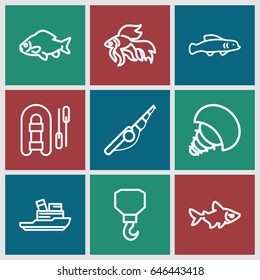 Fishing icons set. set of 9 fishing outline icons such as fish, hook, boat, extinct sea creature, extinct fish, fishing rod