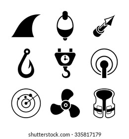 Fishing icons set. Black silhouettes. Isolated on white background. Vector illustration.