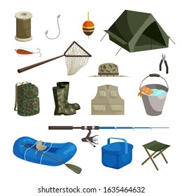 Fishing icons set in cartoon style isolated vector illustration