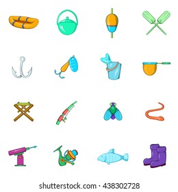 Fishing icons set, cartoon style