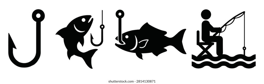 Fishing icons set featuring hooks and an angler in silhouette recreation catching activity equipment wildlife adventure lifestyle