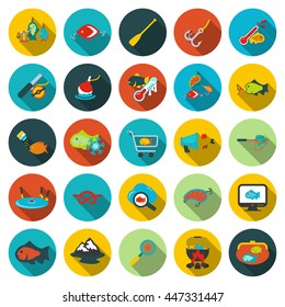 Fishing icons set. Fish, fisher collection icon in flat design. Tackle symbol.