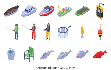 Icons für die Fischerei setzen isometrische Vektorgrafik. Seenetz. Bootfischerei