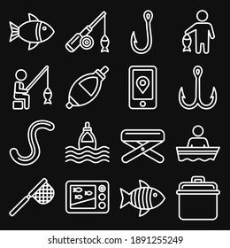 Fishing Icons Set on Black Background. Line Style Vector