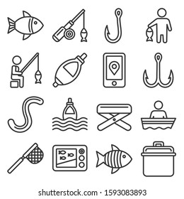 Fishing Icons Set on White Background. Line Style Vector