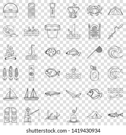 Fishing icons set. Outline style of 36 fishing vector icons for web for any design