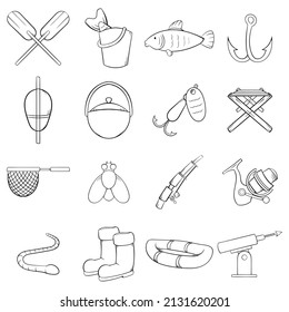 Fishing icons set in outline style isolated on white background