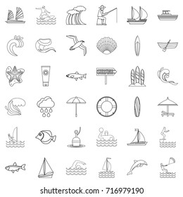 Fishing icons set. Outline style of 36 fishing vector icons for web isolated on white background