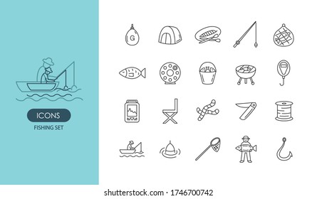 Fishing icons set for web design, menu, app, poster, ads, postcard and magazine