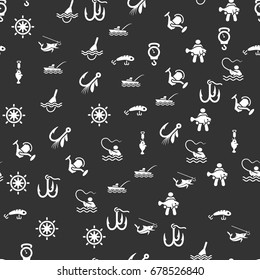 Fishing icons in single color. Seamless pattern. Background vector illustration.