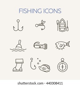 Fishing icons. Summer activity vector icons. Fishing elements isolated. Summer concept - fishing line icons. Marine symbols. Fishing equipment. 