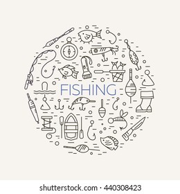Fishing icons. Summer activity vector icons. Fishing elements isolated. Summer concept - fishing line icons in circle shape. Marine symbols. Fishing equipment. 