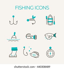 Fishing icons. Summer activity vector icons. Fishing elements isolated. Summer concept - fishing line icons. Marine symbols. Fishing equipment. 