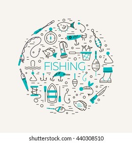 Fishing icons. Summer activity vector icons. Fishing elements isolated. Summer concept - fishing line icons in circle shape. Marine symbols. Fishing equipment. 