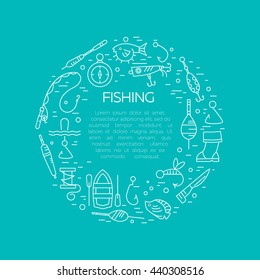 Fishing icons. Summer activity vector icons. Fishing elements isolated. Summer concept - fishing line icons in circle shape. Marine symbols. Fishing equipment. 