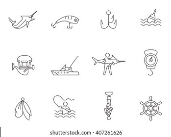 Fishing icons in thin outlines. 