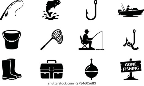 Fishing icons vector set in black silhouette style, featuring fishing rod, leaping fish, hook, boat, bucket, landing net, angler on chair, lure, boots, tackle box, bobber float and Gone Fishing sign, perfect for outdoor gear branding, club logos, posters and campsite graphics.