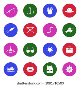 Fishing Icons. White Flat Design In Circle. Vector Illustration. 