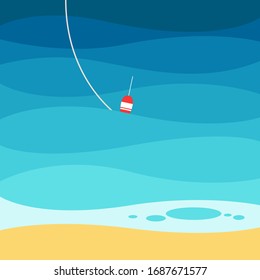 Fishing illustration flat vector isolated background, trrendy waved water backdrop of nature fish catching leisure.
