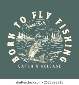 fishing illustration fly graphic trout design lake badge outdoor vintage camping t shirt