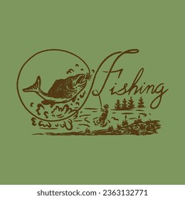 fishing illustration outdoor graphic fish design forest vintage badge river t shirt activity silhouette sketch 