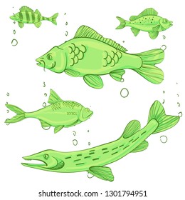 Fishing illustration. Perch, roach, carp, pike logo. Vector