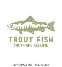 fishing illustration trout fish design trout fish graphic illustration trout with nature , nature on fish illustration, trout fish illustration