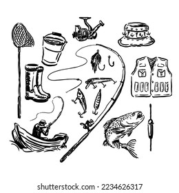 Fishing illustration vector icons a set in an elegant and unique vintage style hand drawn