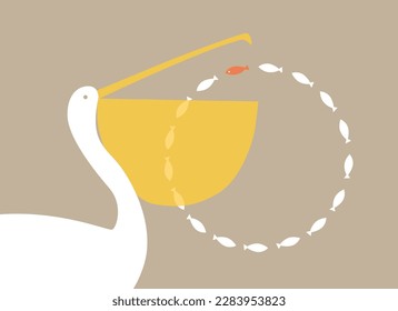 Fishing. Illustration of the waterbird pelican and fishes