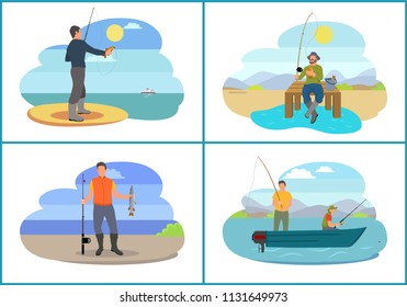 Fishing images with people enjoying nature and hobby. Wooden boat containing fisherman holding rods catching limbless animals vector illustration